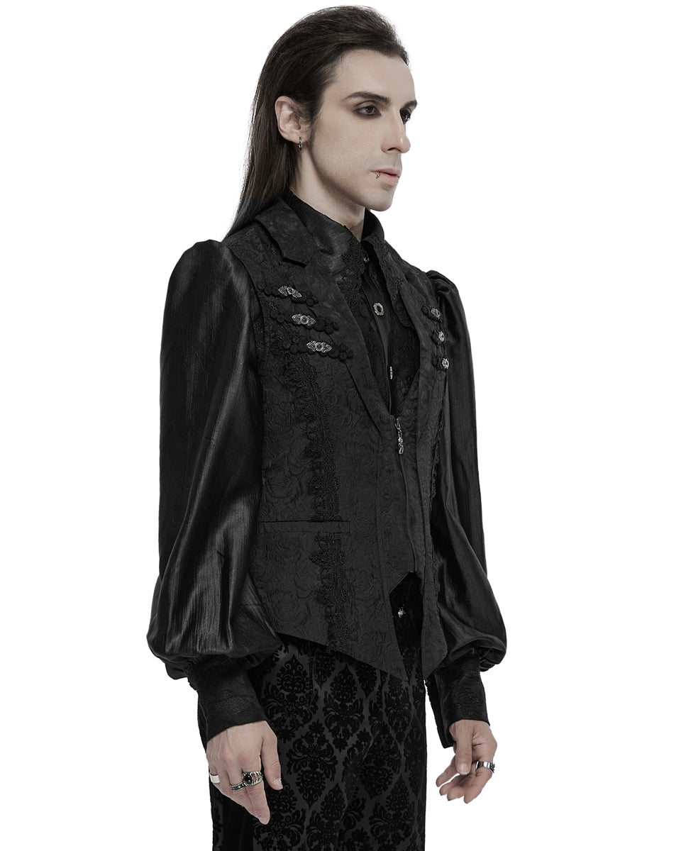 WY-1677MJM-BKM Mens Gothic Jacquard Rose Lace Applique Waistcoat Vest - Black