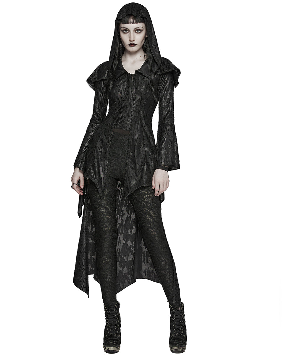 WY-1584ZCF-BKF Womens Long Gothic Witch Broken Knit Hooded Jacket