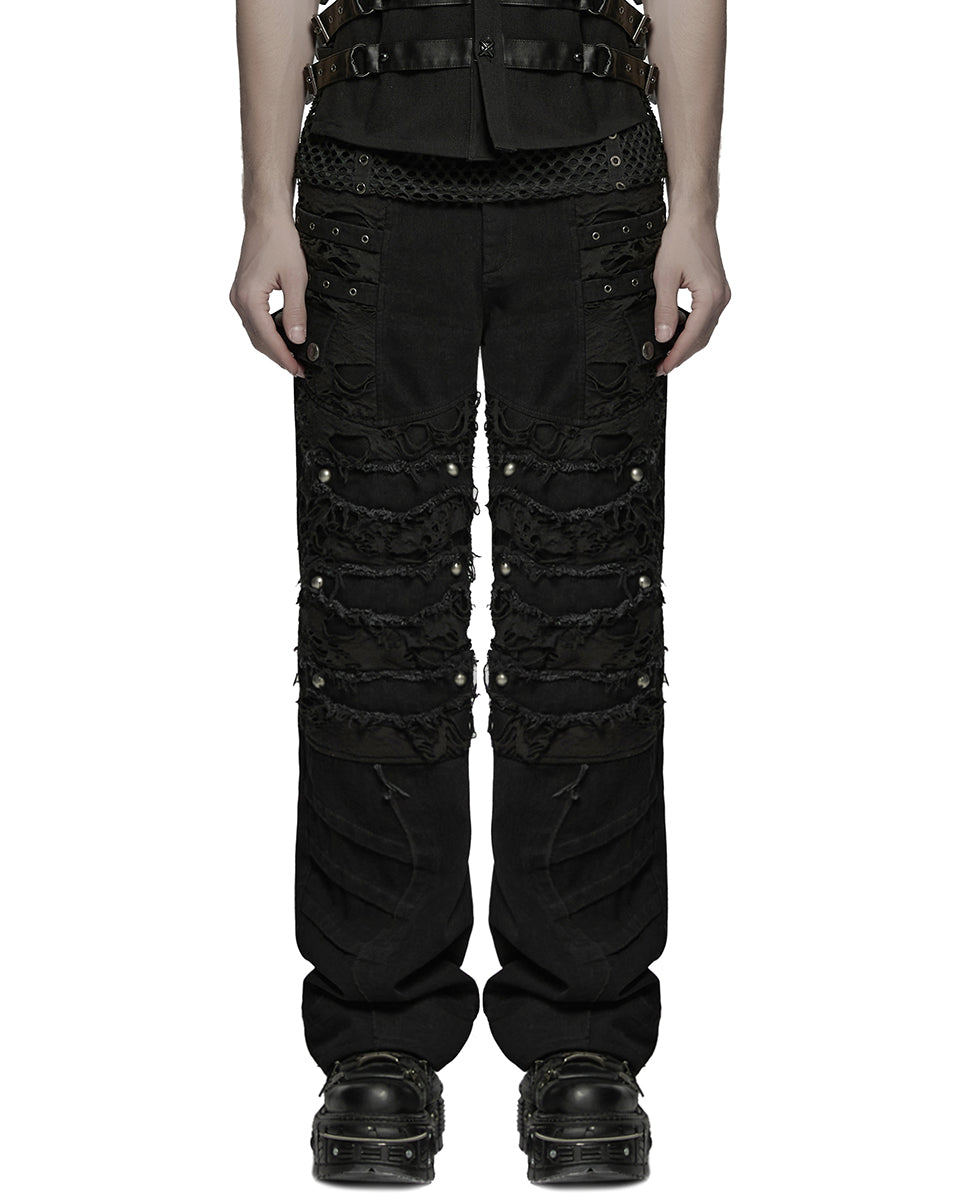WK-707XCM-BKM Mens Apocalptic Gothic Studded Shredded Mesh Inset Pants