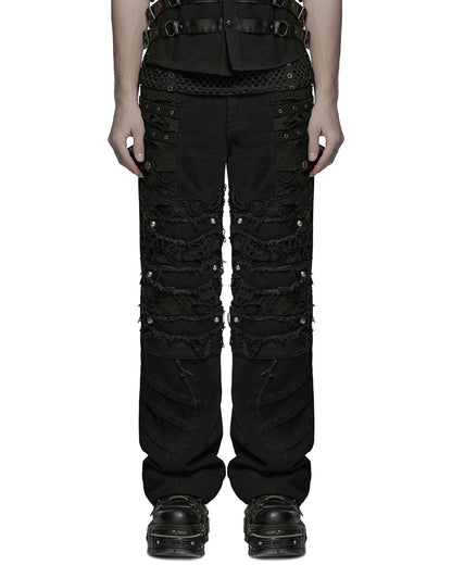 WK-707XCM-BKM Mens Apocalptic Gothic Studded Shredded Mesh Inset Pants