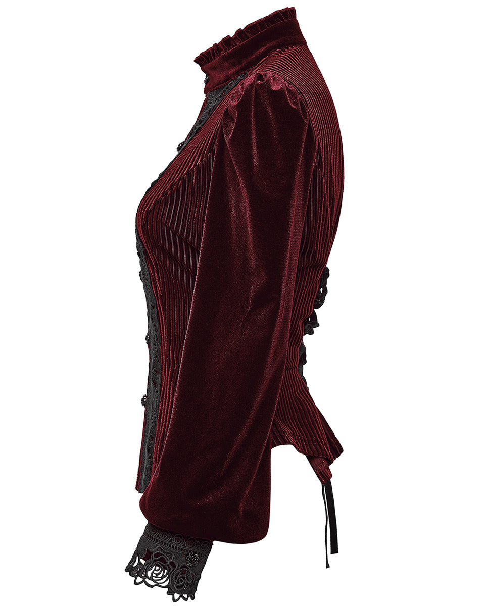 WY-1798CCF Womens Elegant Gothic Striped Velvet & Lace Applique Blouse Top - Red