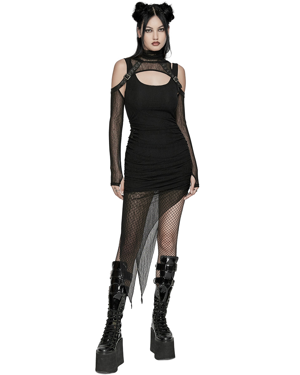 WQ-768LQF Womens Apocalyptic Wasteland Gothic Asymmetric 2 Piece Hooded Dress