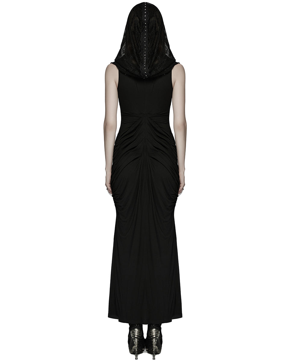PR-WQ-940LQF-BKF Womens Long Gothic Lace Hooded Ruched Maxi Dress