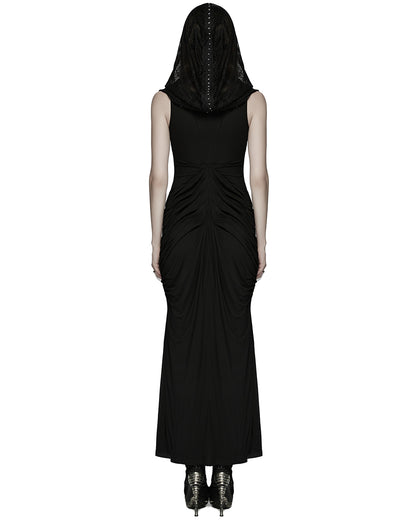 PR-WQ-940LQF-BKF Womens Long Gothic Lace Hooded Ruched Maxi Dress