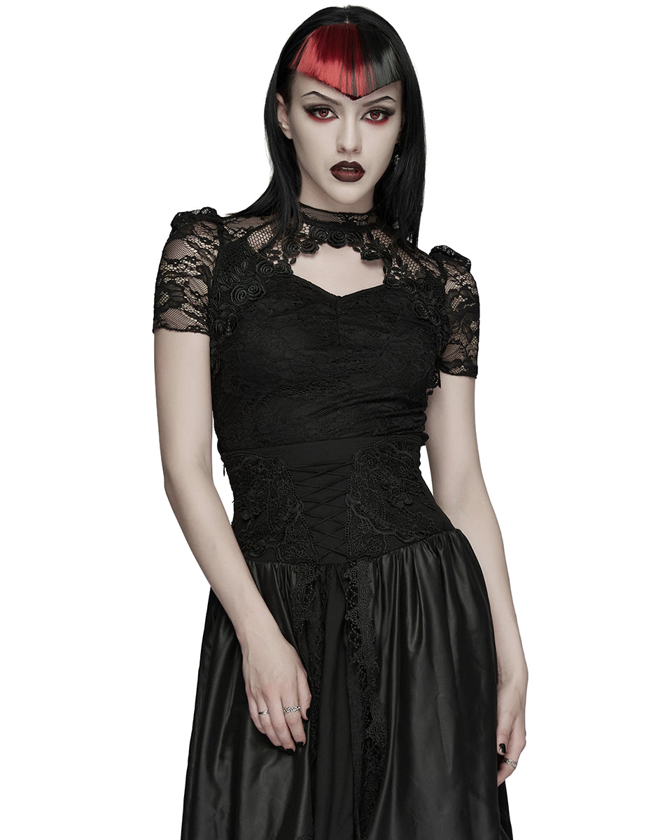 PR-OPT-989TDF-BKF Womens Elegant Gothic Lace Overlayer Applique T-Shirt Top