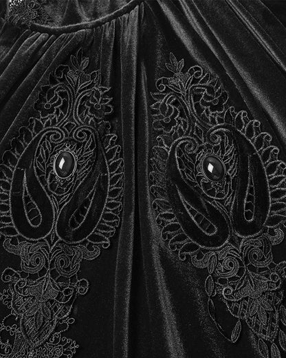 WY-1824DPF Womens Long Gothic Velvet & Lace Applique Hooded Cloak - Black