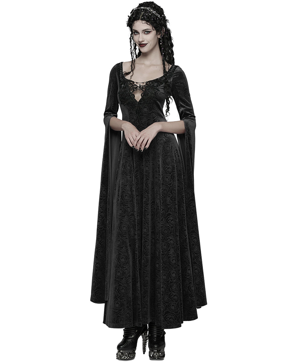 WQ-896LQF Womens Long Gothic Rose Velvet Flared Split Sleeve Maxi Dress - Black