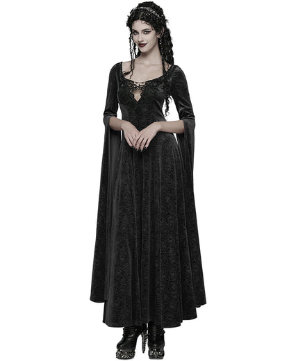 WQ-896LQF Womens Long Gothic Rose Velvet Flared Split Sleeve Maxi Dress - Black