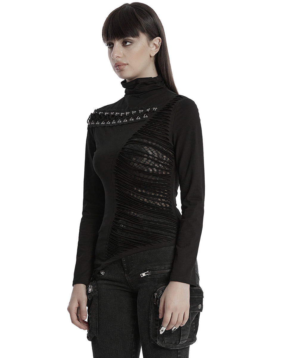OT-952TCF-BKF Daily Life Womens Asymmetric Apocalyptic Spliced Mesh Top