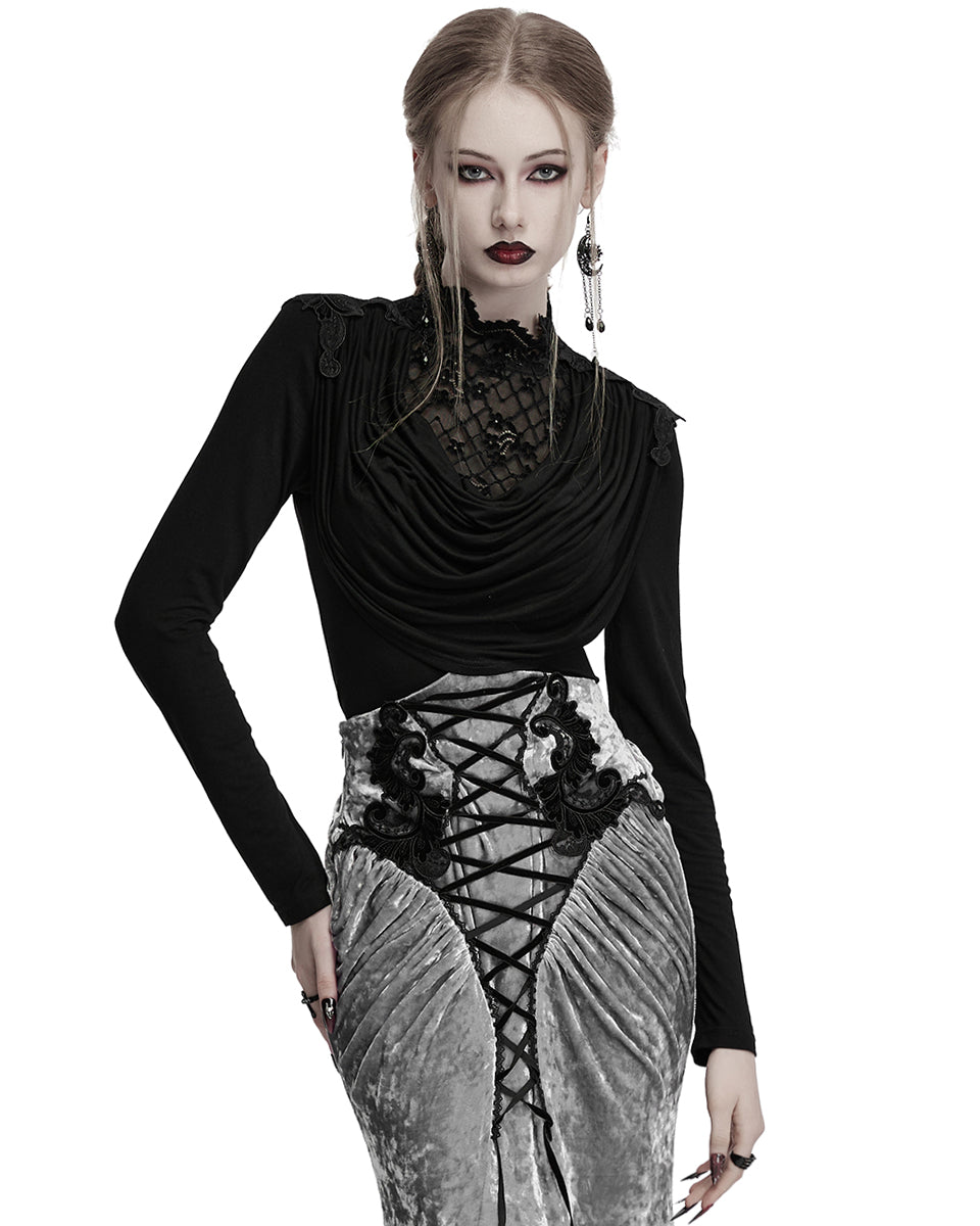 OT-988TCF Daily Life Womens Elegant Gothic Swing Collar Lace Inset Top