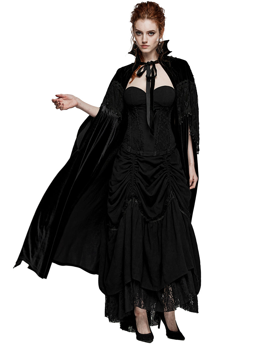 PR-WY-1536DPF-BKF Womens Dark Regency Gothic Studded Velvet & Lace Cloak