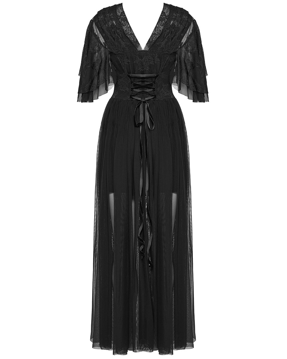 OQ-805LQF Daily Life Long Gothic Rose Lace & Pleated Mesh Lace Up Maxi Dress