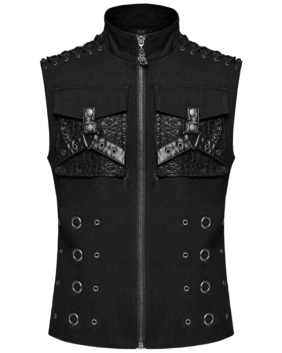 WY-1610MJM-BKM Mens Apocalyptic Gothic Mesh Utility Pocket Waistcoat Vest - Black