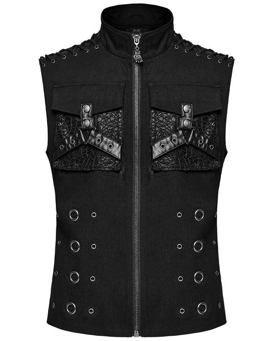 WY-1610MJM-BKM Mens Apocalyptic Gothic Mesh Utility Pocket Waistcoat Vest - Black