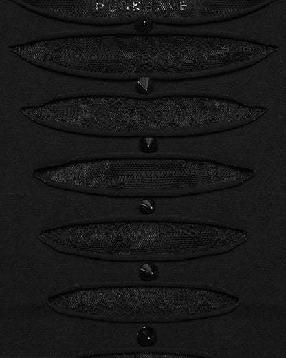 WT-1081TDF Womens Gothic Studded & Slashed Mesh Inset Tee