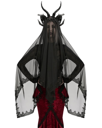 WS-833FSF Womens Dark Gothic Beaded Demon Horns 2-Piece Mesh Veil