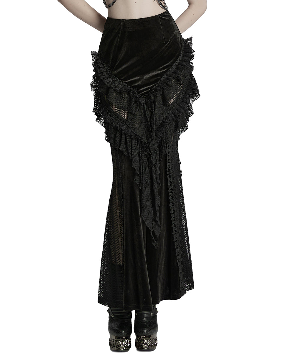 WQ-841BQF-BKF Womens Long Victorian Gothic Velvet & Lace Maxi Skirt