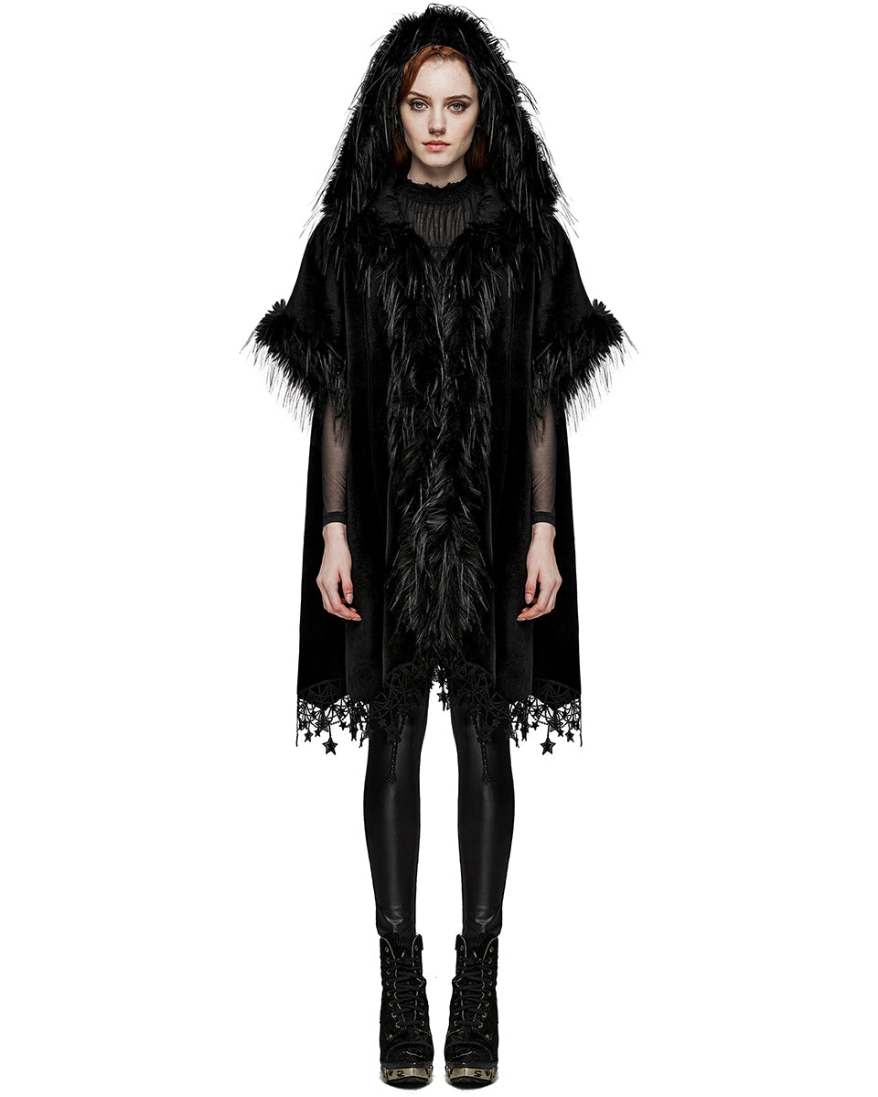 PR-WY-1519DPF-BKF Womens Dark Bohemian Gothic & Faux Fur Hooded Cloak Cape