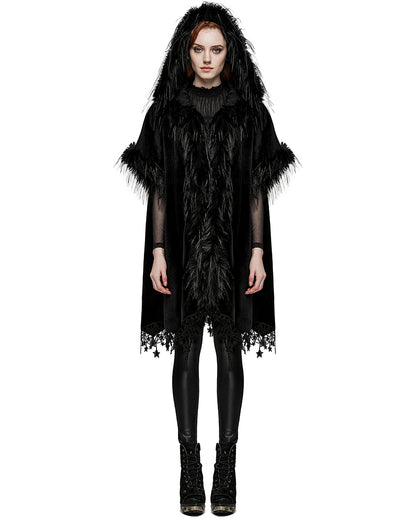 PR-WY-1519DPF-BKF Womens Dark Bohemian Gothic & Faux Fur Hooded Cloak Cape