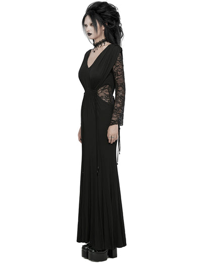 WQ-759LQF Womens Long Gothic Lace Sleeves Ruched Maxi Dress