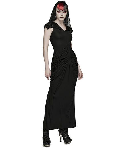 PR-WQ-940LQF-BKF Womens Long Gothic Lace Hooded Ruched Maxi Dress