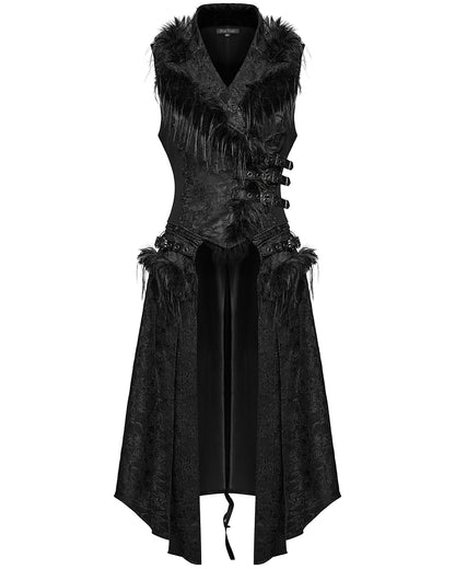 WY-1650MJF Womens Long Gothic Rose Jacquard 2 Piece Waistcoat Vest With Faux Fur Trim