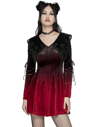 WQ-770LQF Womens Gothic Velvet Mini Dress With Oversize Embellished Collar - Red & Black Gradient