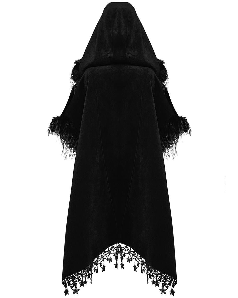 PR-WY-1519DPF-BKF Womens Dark Bohemian Gothic & Faux Fur Hooded Cloak Cape