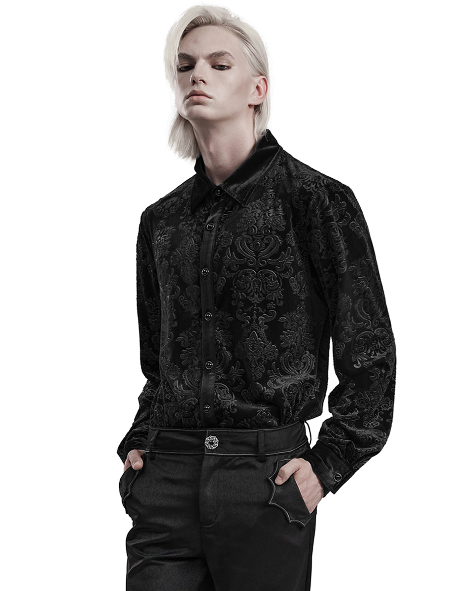 PR-WY-1541CCM-BKM Mens Gothic Aristocrat Embossed Velvet Damask Shirt - Black