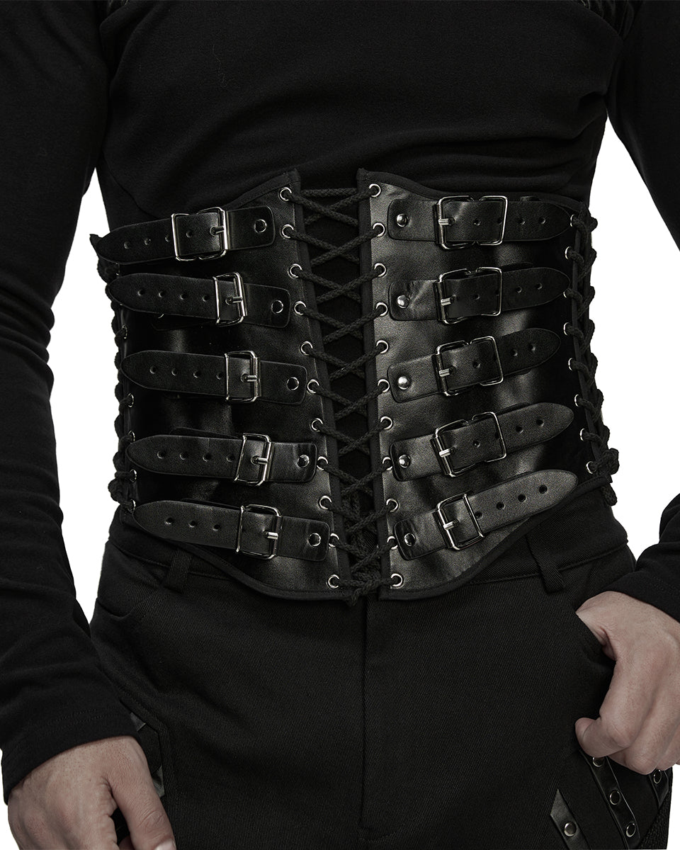 WS-852YDM Mens Apocalyptic Gothic Faux Leather Buckled Strapping Corset Girdle Belt