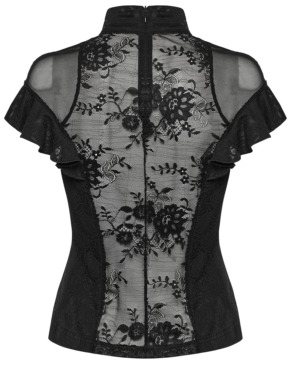 WT-1004TDF-BKF Womens Elegant Gothic Floral Lace Applique Blouse Top