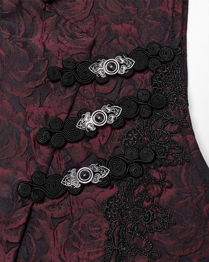 WY-1677MJM-RDM Mens Gothic Jacquard Rose Lace Applique Waistcoat Vest - Red