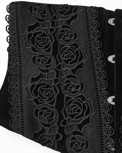 WS-790YDF Womens Baroque Gothic Rose Embroidered Velvet Cincher Corset - Black