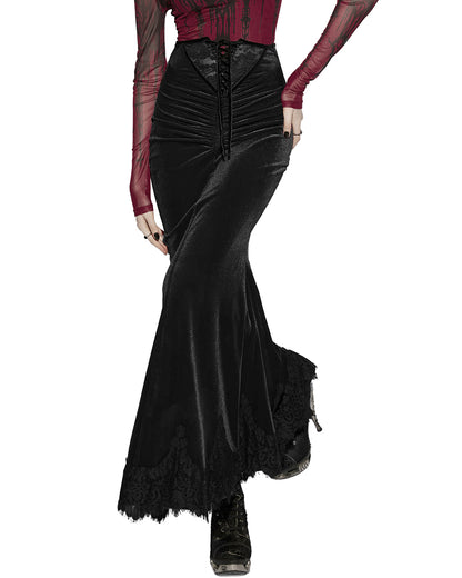 PR-OQ-844BQF-BKF Daily Life Womens Long Gothic Velvet Ruched Split Waist Skirt - Black