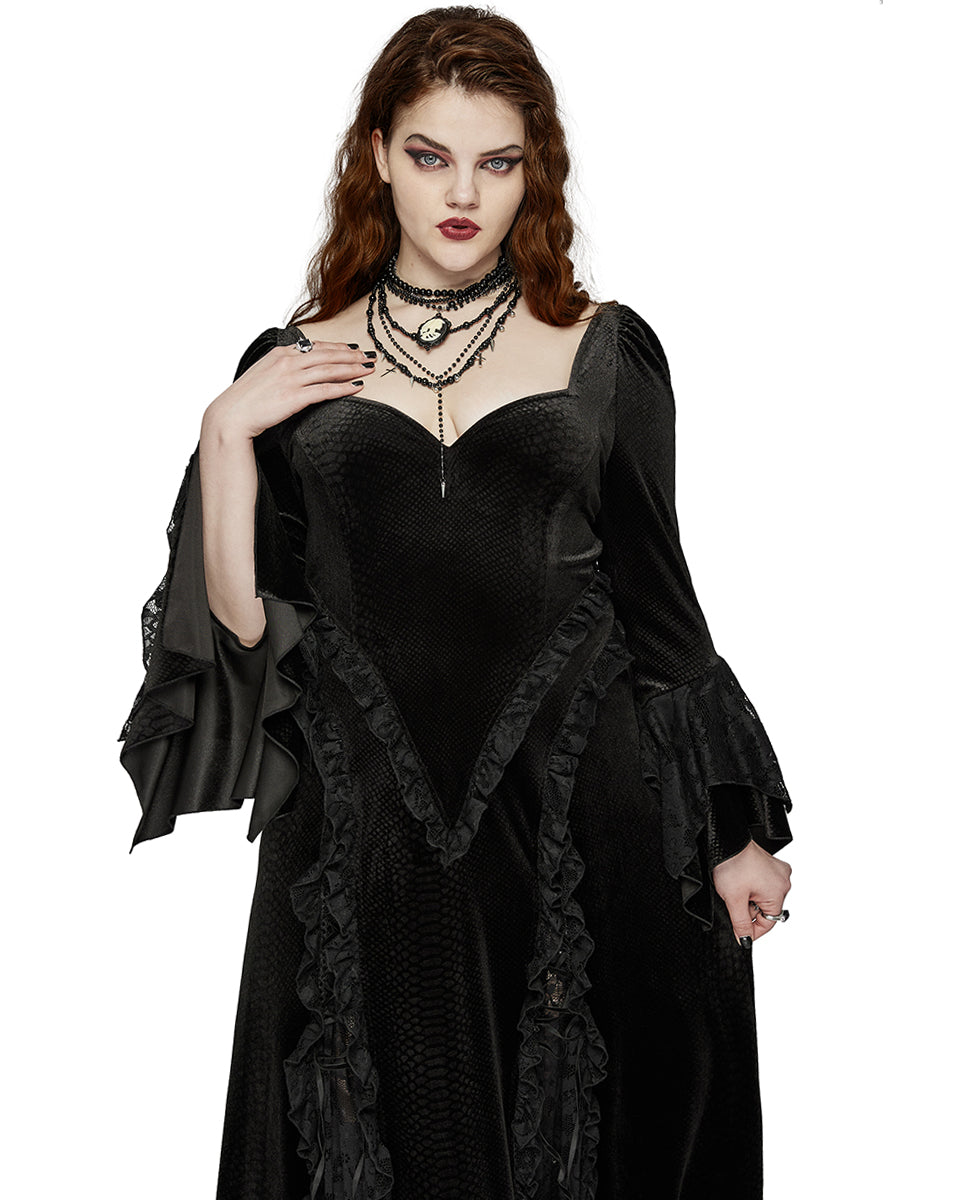 DQ-722LQF Plus Size Womens Gothic Embossed Velvet & Lace Courtesan Maxi Dress