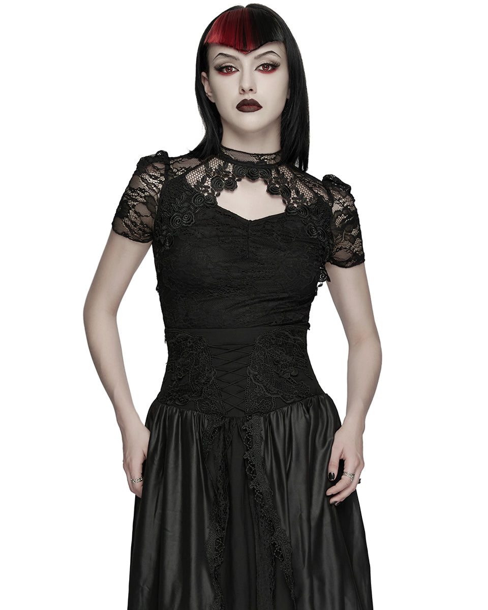 PR-OPT-989TDF-BKF Womens Elegant Gothic Lace Overlayer Applique T-Shirt Top