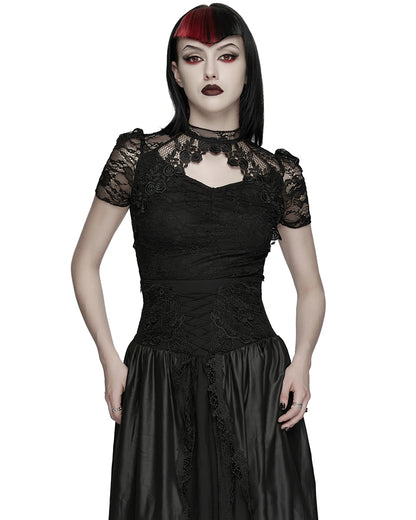 PR-OPT-989TDF-BKF Womens Elegant Gothic Lace Overlayer Applique T-Shirt Top