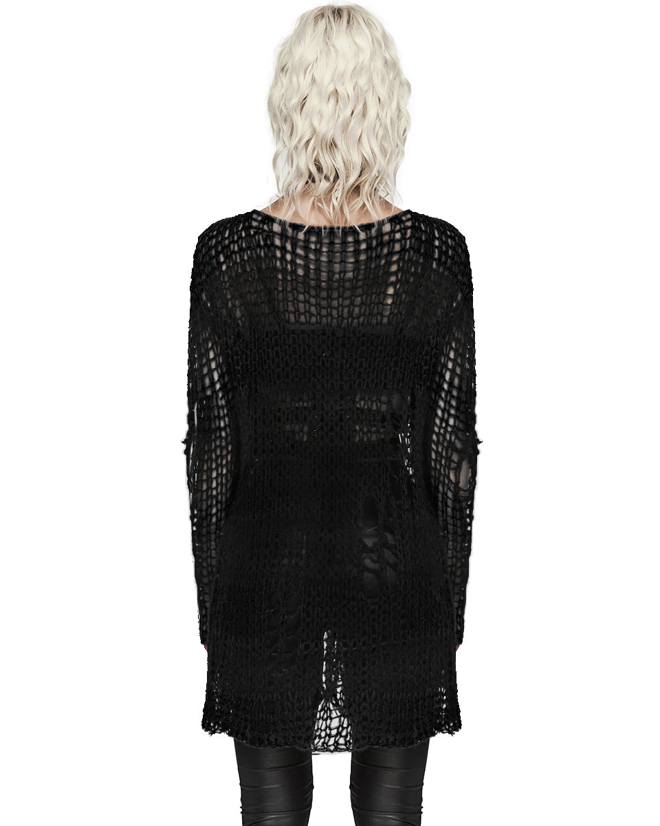 PR-WM-077KMF-BKF Womens Gothic Punk Shredded Cardigan Sweater - Black