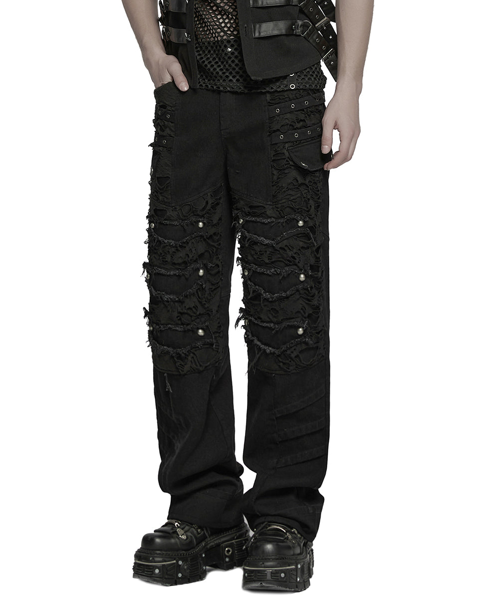WK-707XCM-BKM Mens Apocalptic Gothic Studded Shredded Mesh Inset Pants