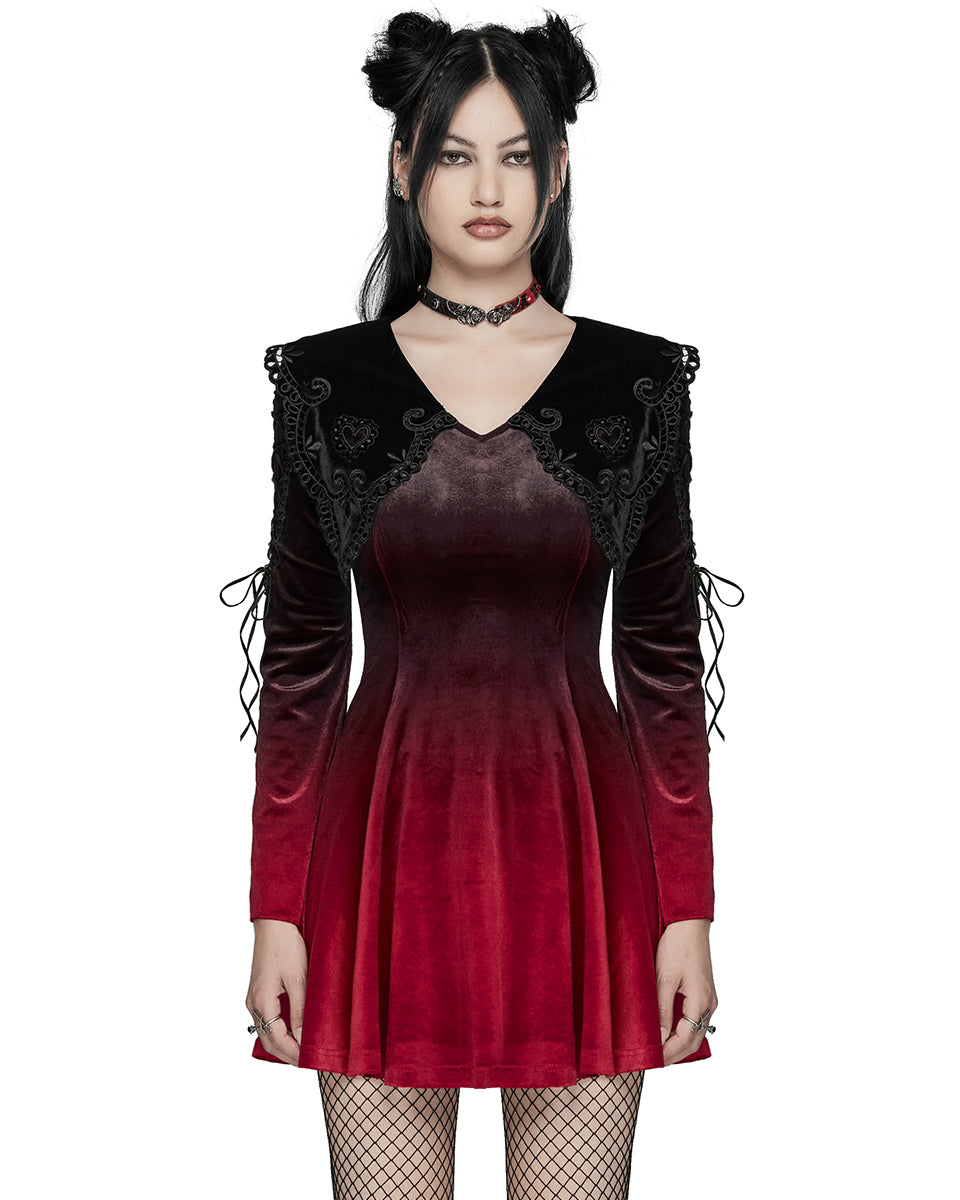 WQ-770LQF Womens Gothic Velvet Mini Dress With Oversize Embellished Collar - Red & Black Gradient