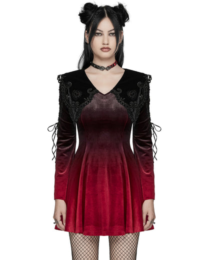 WQ-770LQF Womens Gothic Velvet Mini Dress With Oversize Embellished Collar - Red & Black Gradient