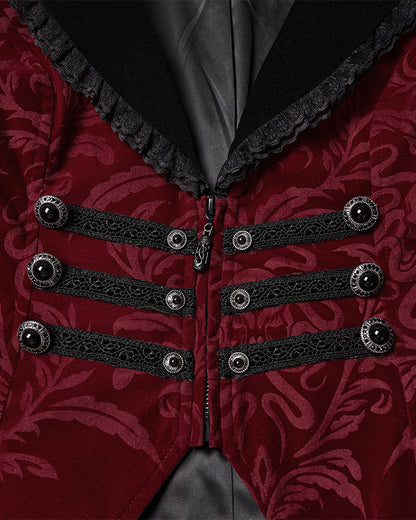 WY-1833LDF Womens Gothic Aristocrat Damask Velvet Frock Coat Jacket - Red