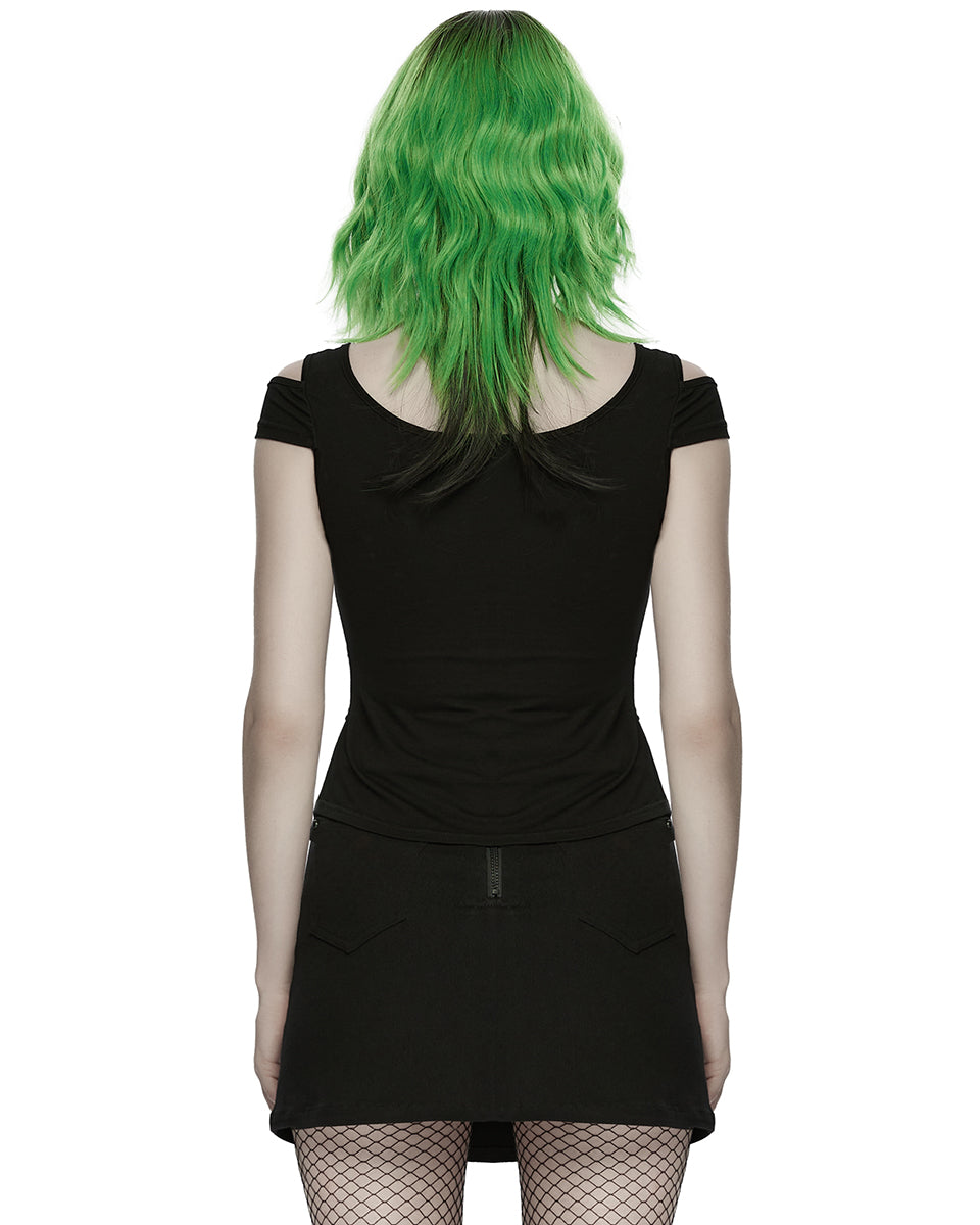 WT-1065TDF Womens Apocalyptic Gothic Studded Mesh Inset T-Shirt Top