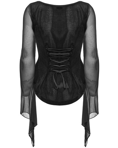 PR-WT-1069TCF-BKF Womens Elegant Gothic Velvet & Mesh Lace Applique Blouse Top