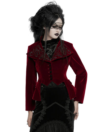 WY-1665XCF Womens Gothic Embroidered Velvet Cutaway Riding Jacket - Red