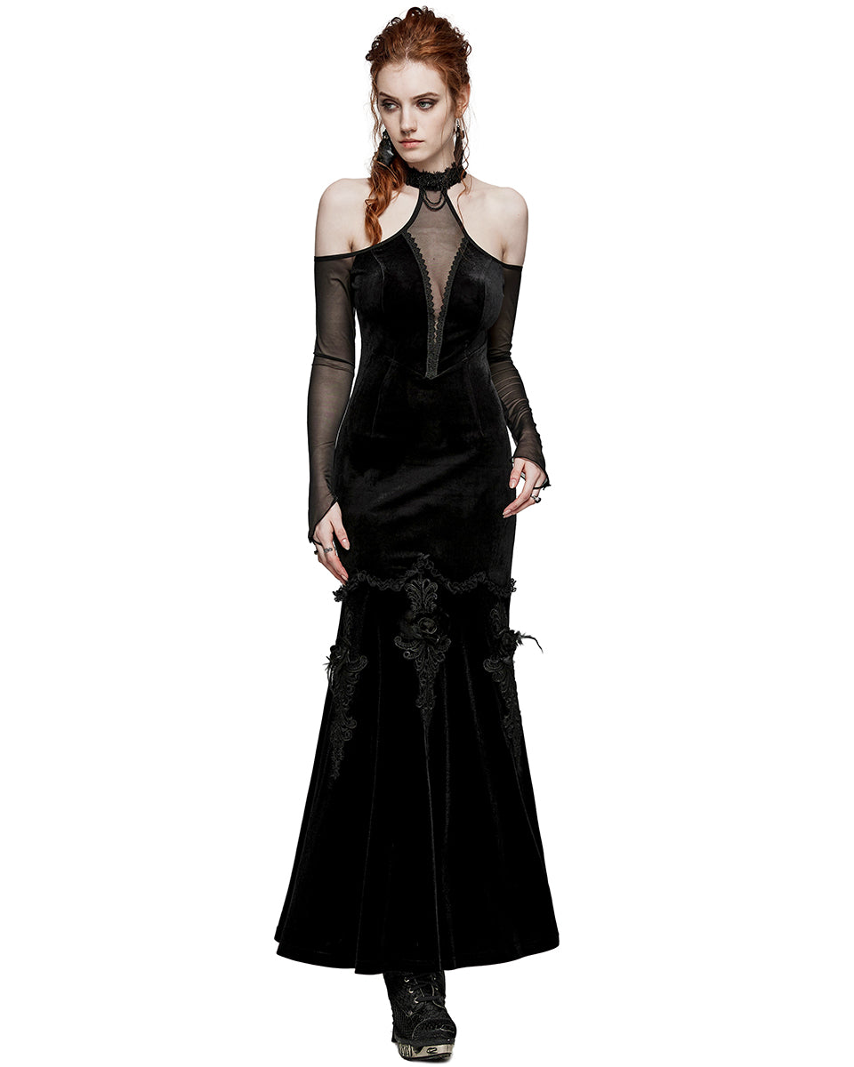 PR-WQ-658DQF-BKF Womens Dark Regency Gothic Velvet & Mesh Evening Dress - Black