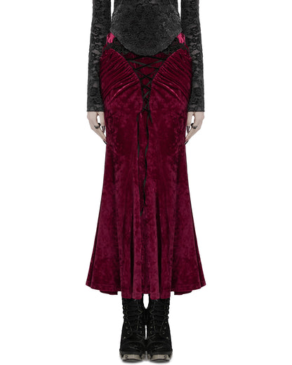 OQ-851BQF Daily Life Womens Long Gothic Velvet Applique Maxi Skirt - Red