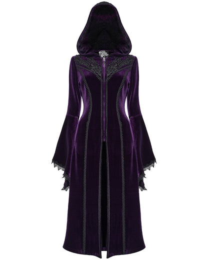 PR-DY-1510LCF-BKVIF Womens Gorgeous Gothic Lace Applique Hooded Coat - Extended Size Range - Purple Velvet