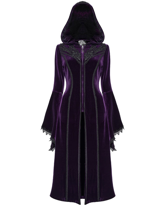 PR-DY-1510LCF-BKVIF Womens Gorgeous Gothic Lace Applique Hooded Coat - Extended Size Range - Purple Velvet