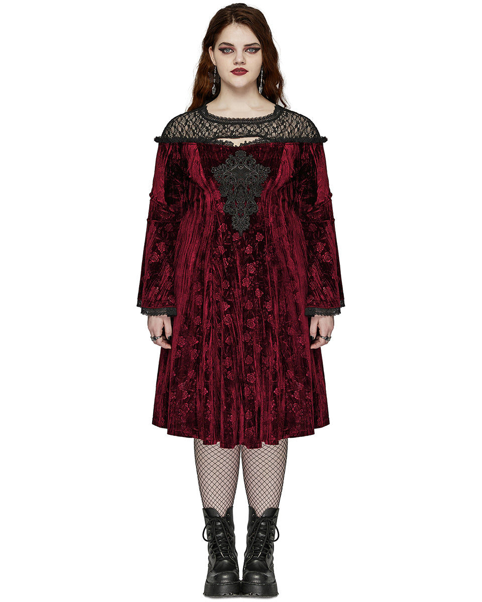 DQ-733LQF Plus Size Womens Gothic Night Rose Dress - Red Velvet